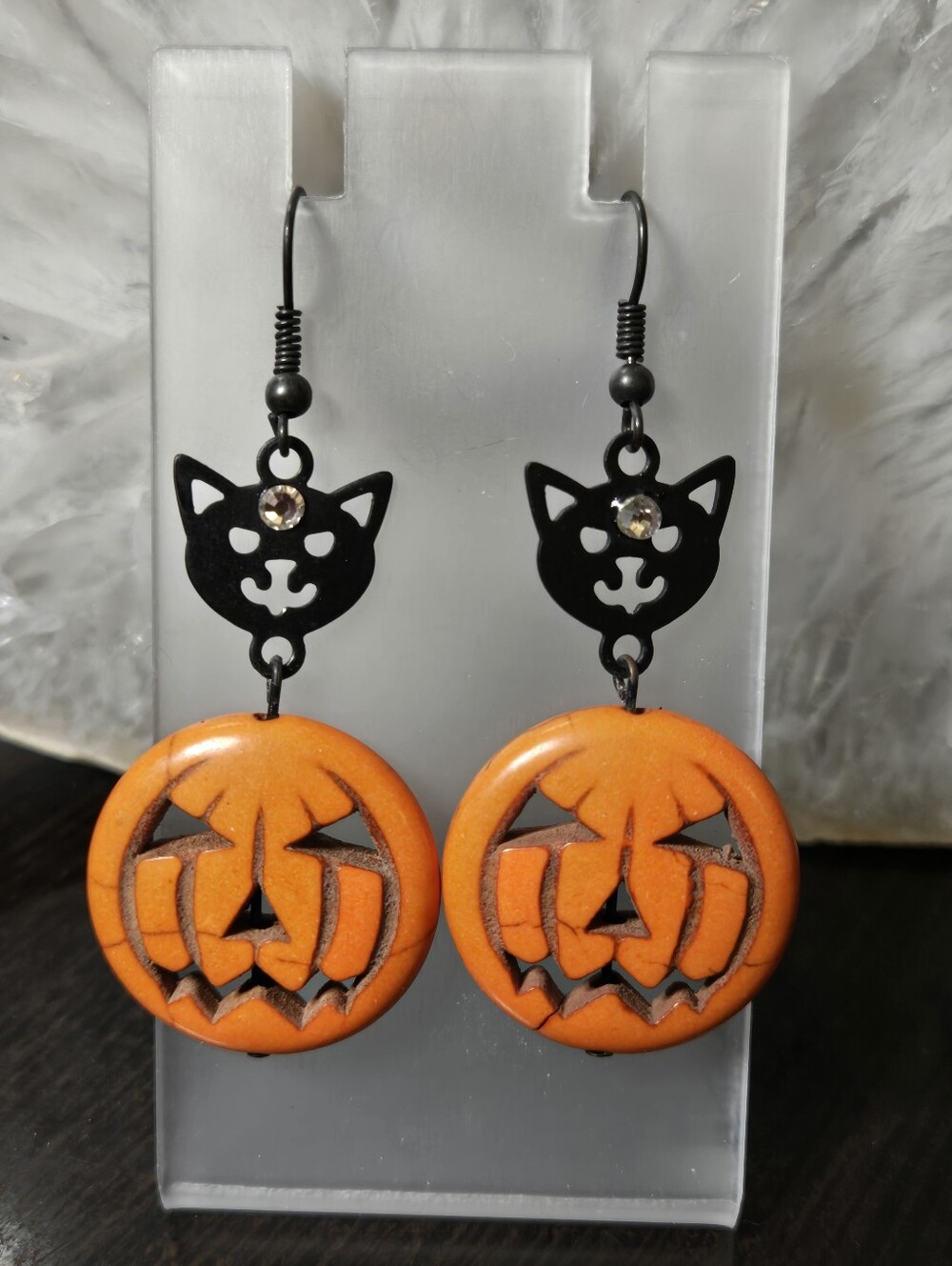 Halloween Pumpkin & Black Cat Dangle Earrings - Picture 2 of 2